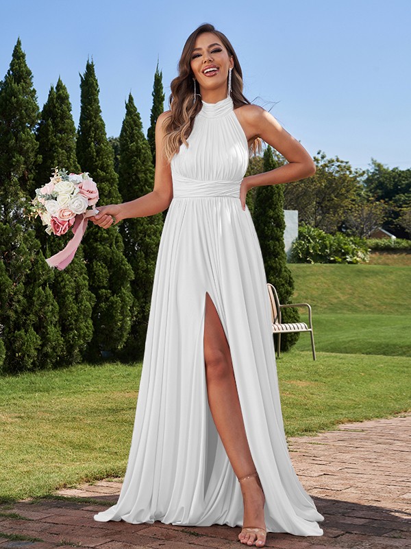 A-Line/Princess Jersey Ruched Halter Sleeveless Floor-Length Bridesmaid Dresses 2319