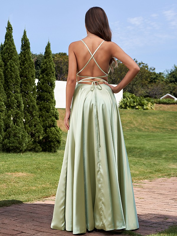 A-Line/Princess Silk Like Satin Ruffles Straps Sleeveless Floor-Length Bridesmaid Dresses 2487