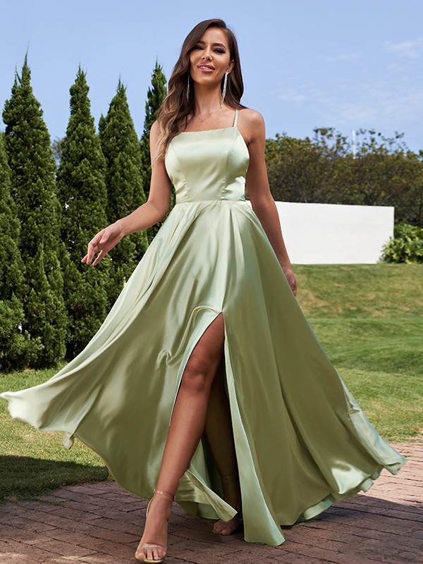 A-Line/Princess Silk Like Satin Ruffles Straps Sleeveless Floor-Length Bridesmaid Dresses 2487