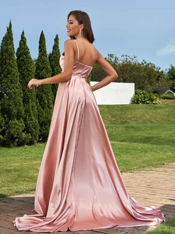 A-Line/Princess Silk like Satin Ruffles V-Neck Sleeveless Sweep/Brush Train Bridesmaid Dresses 2495