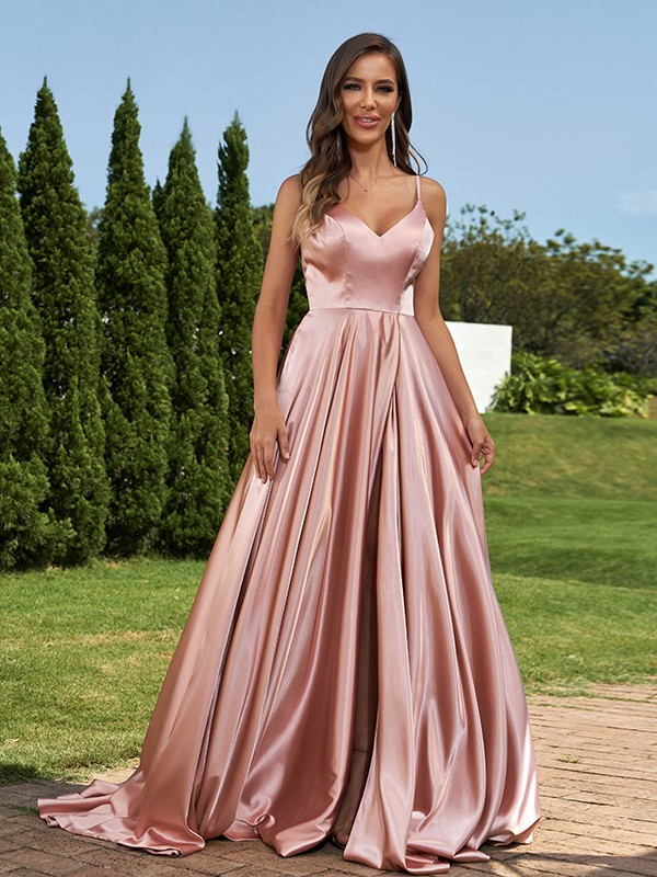 A-Line/Princess Silk like Satin Ruffles V-Neck Sleeveless Sweep/Brush Train Bridesmaid Dresses 2495