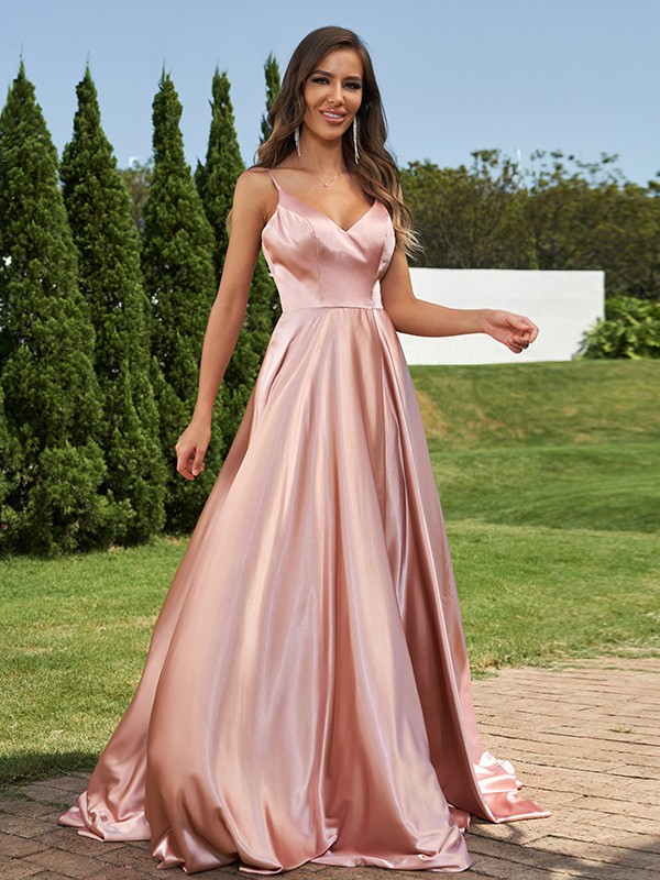 A-Line/Princess Silk like Satin Ruffles V-Neck Sleeveless Sweep/Brush Train Bridesmaid Dresses 2495