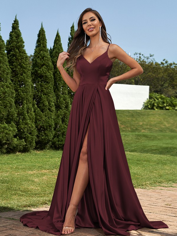 A-Line/Princess Silk like Satin Ruffles V-Neck Sleeveless Sweep/Brush Train Bridesmaid Dresses 2495