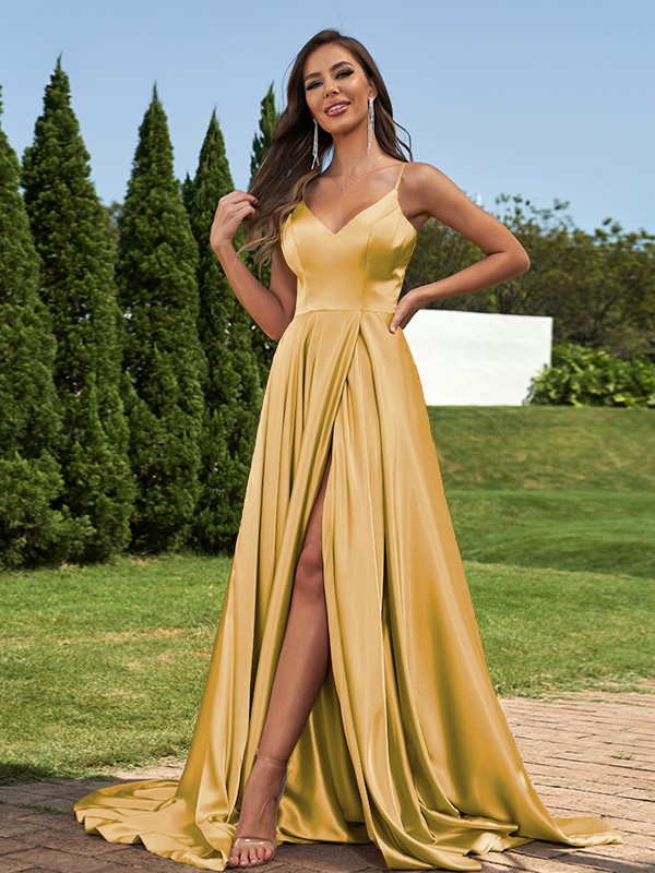 A-Line/Princess Silk like Satin Ruffles V-Neck Sleeveless Sweep/Brush Train Bridesmaid Dresses 2495