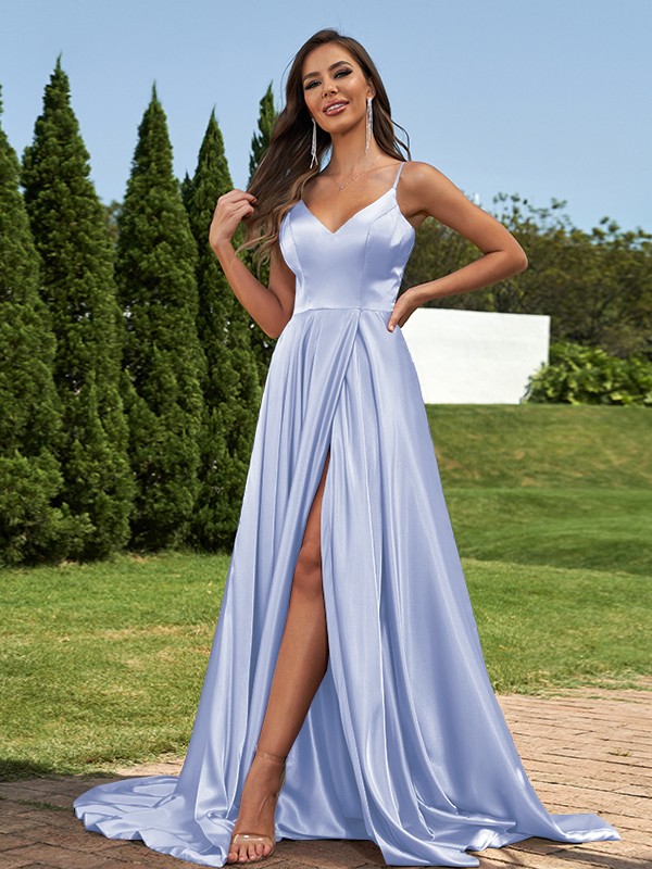 A-Line/Princess Silk like Satin Ruffles V-Neck Sleeveless Sweep/Brush Train Bridesmaid Dresses 2495