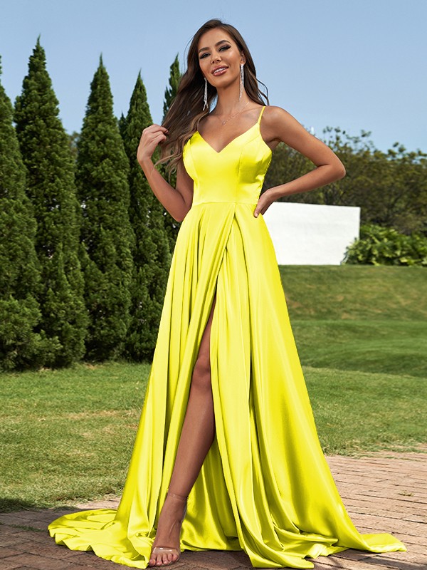 A-Line/Princess Silk like Satin Ruffles V-Neck Sleeveless Sweep/Brush Train Bridesmaid Dresses 2495