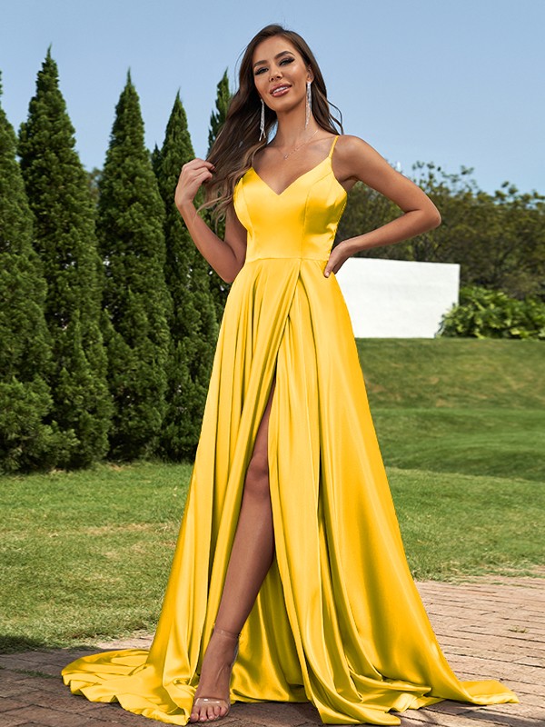 A-Line/Princess Silk like Satin Ruffles V-Neck Sleeveless Sweep/Brush Train Bridesmaid Dresses 2495