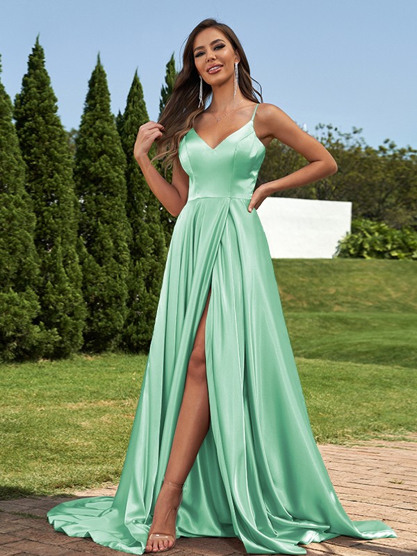 A-Line/Princess Silk like Satin Ruffles V-Neck Sleeveless Sweep/Brush Train Bridesmaid Dresses 2495