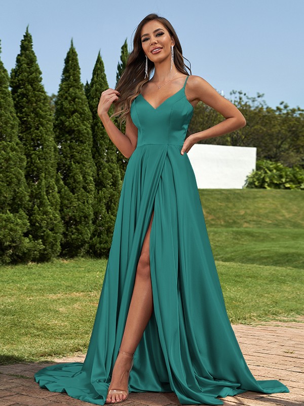 A-Line/Princess Silk like Satin Ruffles V-Neck Sleeveless Sweep/Brush Train Bridesmaid Dresses 2495