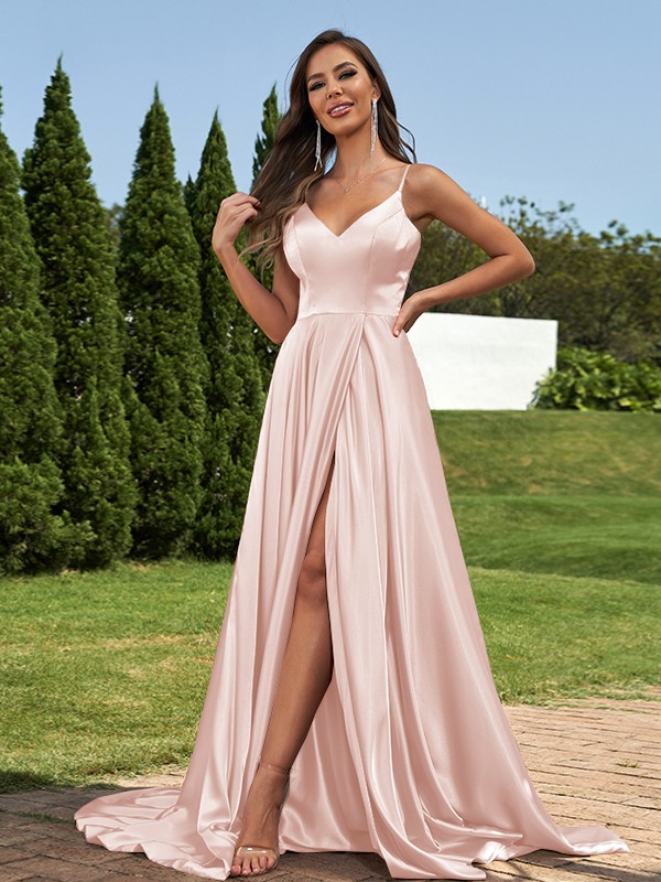 A-Line/Princess Silk like Satin Ruffles V-Neck Sleeveless Sweep/Brush Train Bridesmaid Dresses 2495