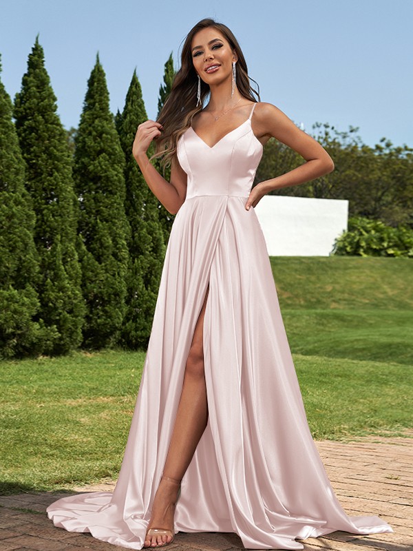 A-Line/Princess Silk like Satin Ruffles V-Neck Sleeveless Sweep/Brush Train Bridesmaid Dresses 2495