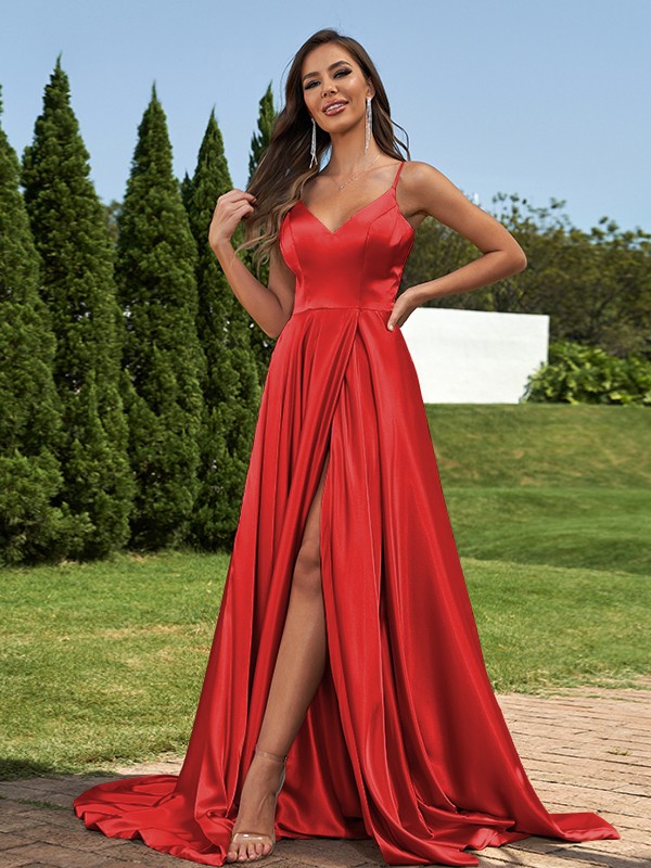 A-Line/Princess Silk like Satin Ruffles V-Neck Sleeveless Sweep/Brush Train Bridesmaid Dresses 2495