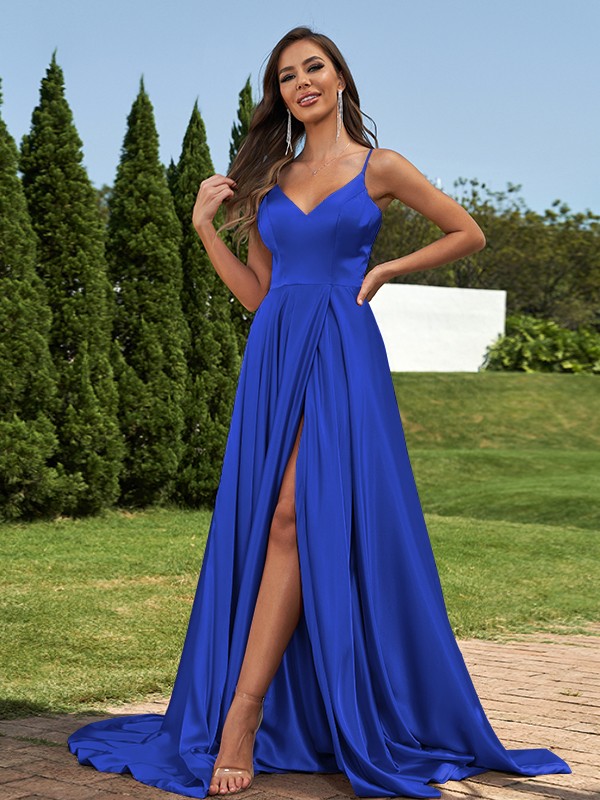 A-Line/Princess Silk like Satin Ruffles V-Neck Sleeveless Sweep/Brush Train Bridesmaid Dresses 2495