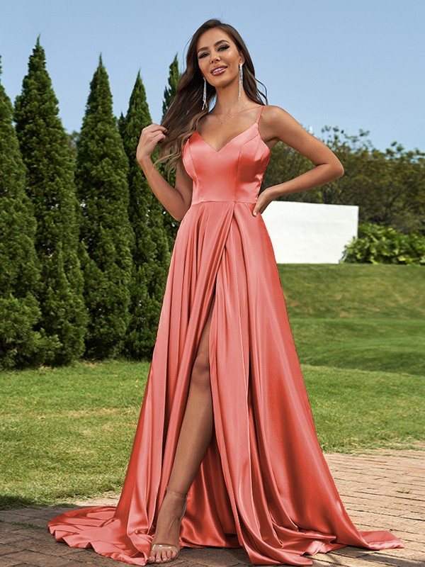 A-Line/Princess Silk like Satin Ruffles V-Neck Sleeveless Sweep/Brush Train Bridesmaid Dresses 2495