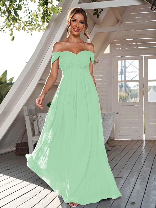 A-Line/Princess Chiffon Ruched Off-The-Shoulder Sleeveless Floor-Length Bridesmaid Dresses 2157