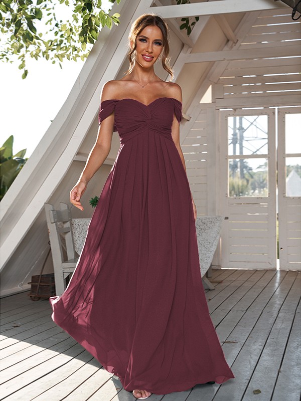 A-Line/Princess Chiffon Ruched Off-The-Shoulder Sleeveless Floor-Length Bridesmaid Dresses 2157