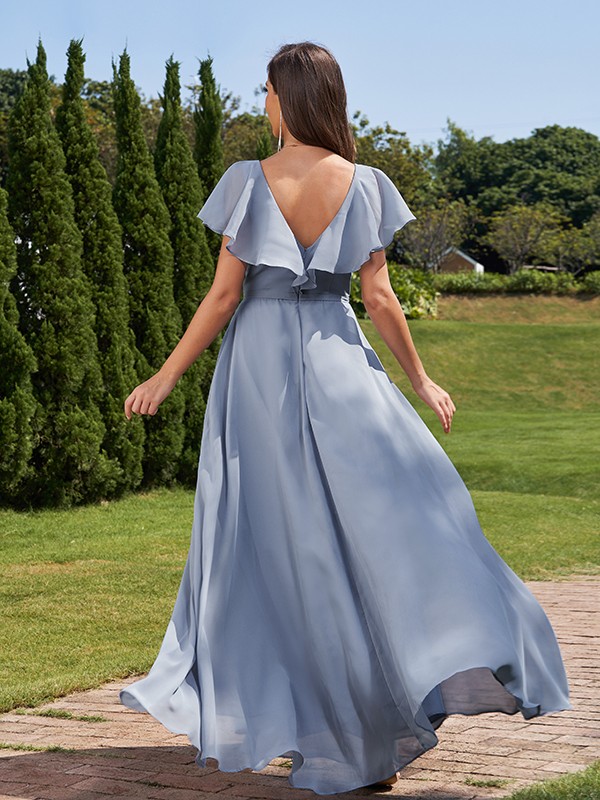 A-Line/Princess Chiffon Ruched V-Neck Short Sleeves Floor-Length Bridesmaid Dresses 2172