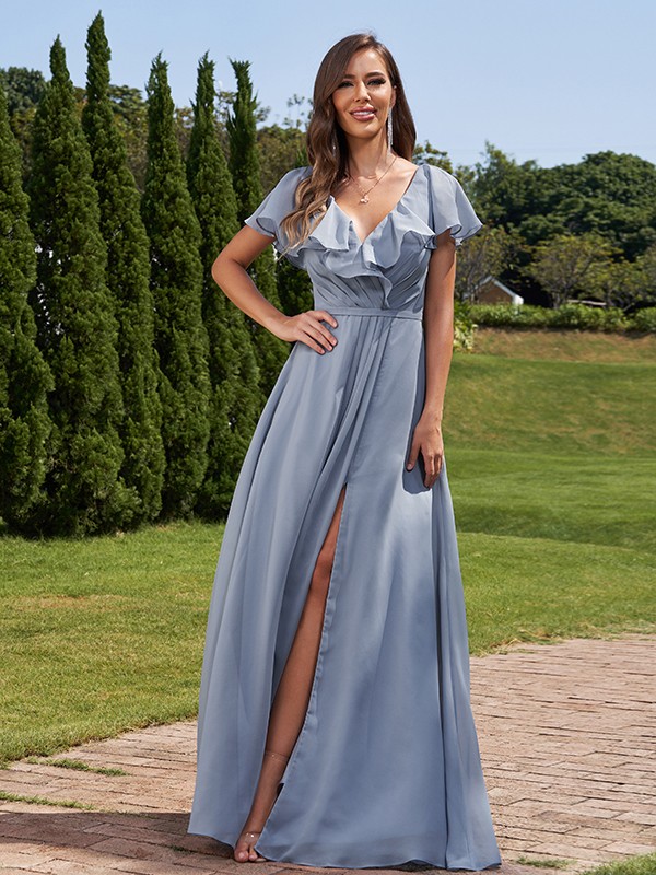 A-Line/Princess Chiffon Ruched V-Neck Short Sleeves Floor-Length Bridesmaid Dresses 2172