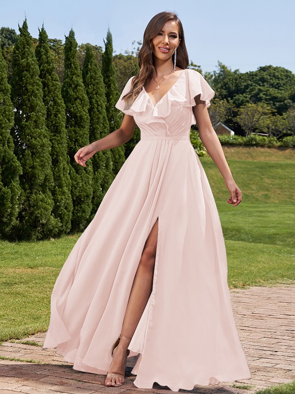 A-Line/Princess Chiffon Ruched V-Neck Short Sleeves Floor-Length Bridesmaid Dresses 2172