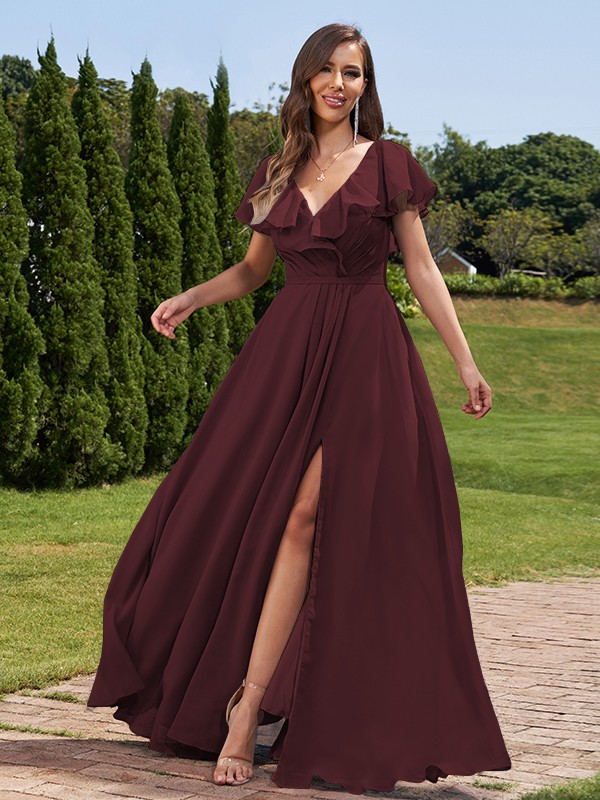 A-Line/Princess Chiffon Ruched V-Neck Short Sleeves Floor-Length Bridesmaid Dresses 2172