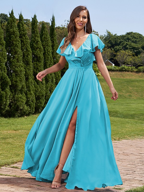 A-Line/Princess Chiffon Ruched V-Neck Short Sleeves Floor-Length Bridesmaid Dresses 2172