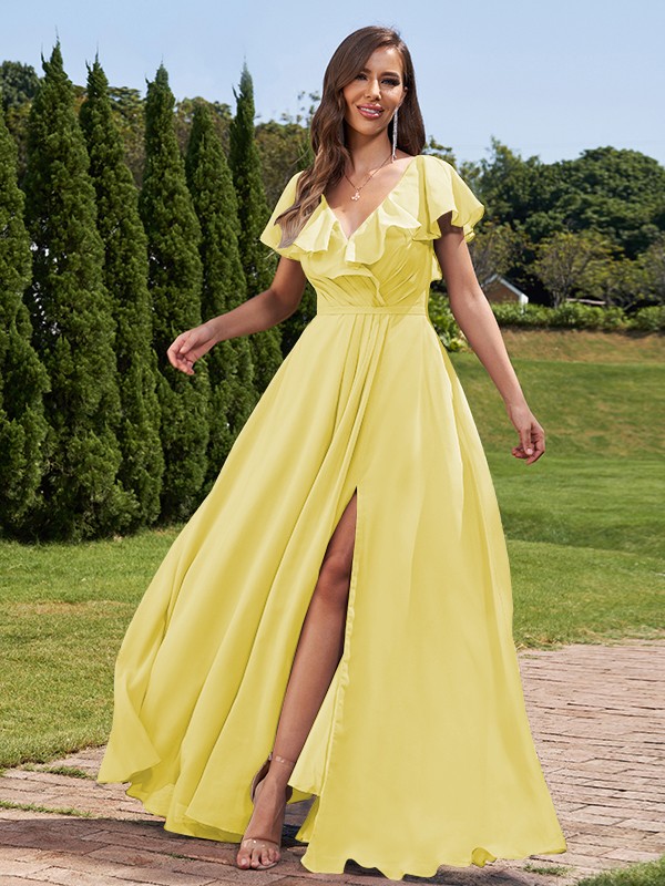 A-Line/Princess Chiffon Ruched V-Neck Short Sleeves Floor-Length Bridesmaid Dresses 2172