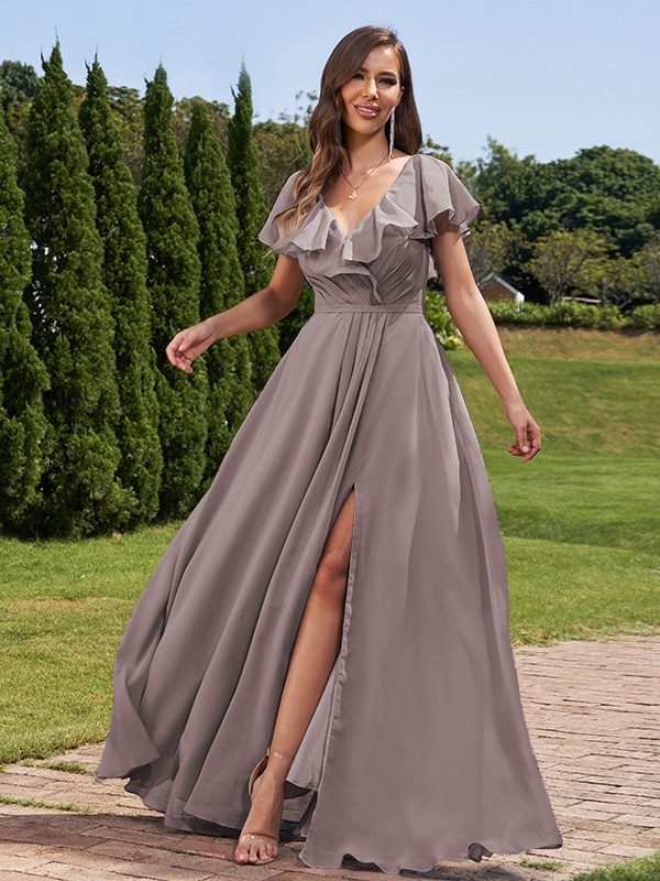 A-Line/Princess Chiffon Ruched V-Neck Short Sleeves Floor-Length Bridesmaid Dresses 2172