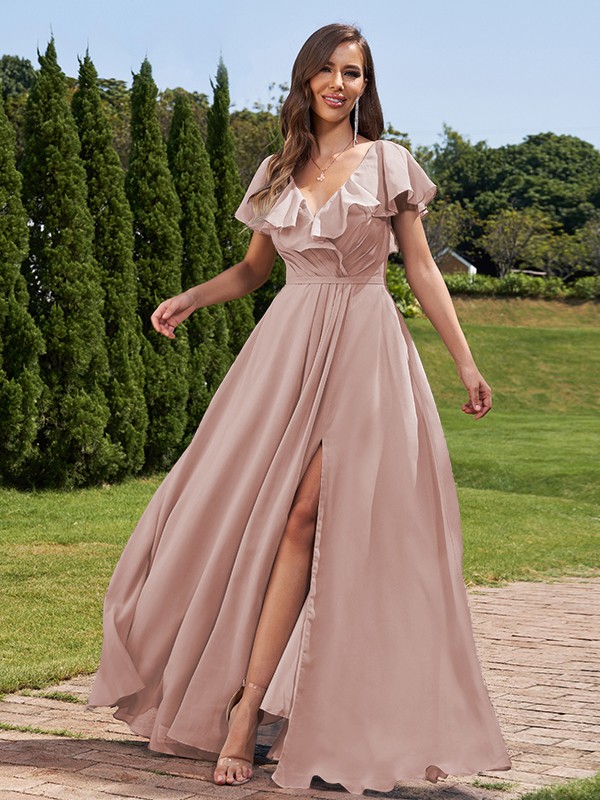 A-Line/Princess Chiffon Ruched V-Neck Short Sleeves Floor-Length Bridesmaid Dresses 2172