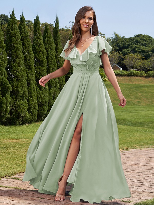 A-Line/Princess Chiffon Ruched V-Neck Short Sleeves Floor-Length Bridesmaid Dresses 2172