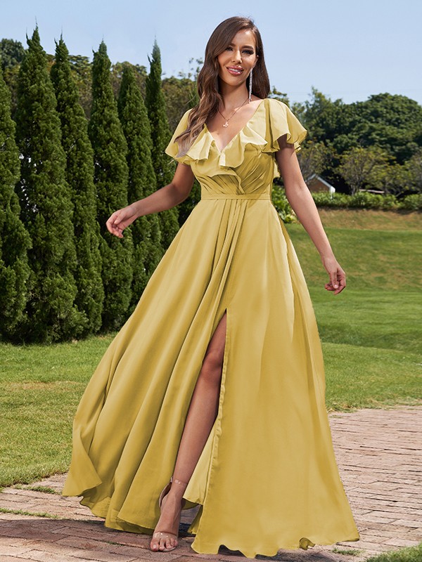 A-Line/Princess Chiffon Ruched V-Neck Short Sleeves Floor-Length Bridesmaid Dresses 2172