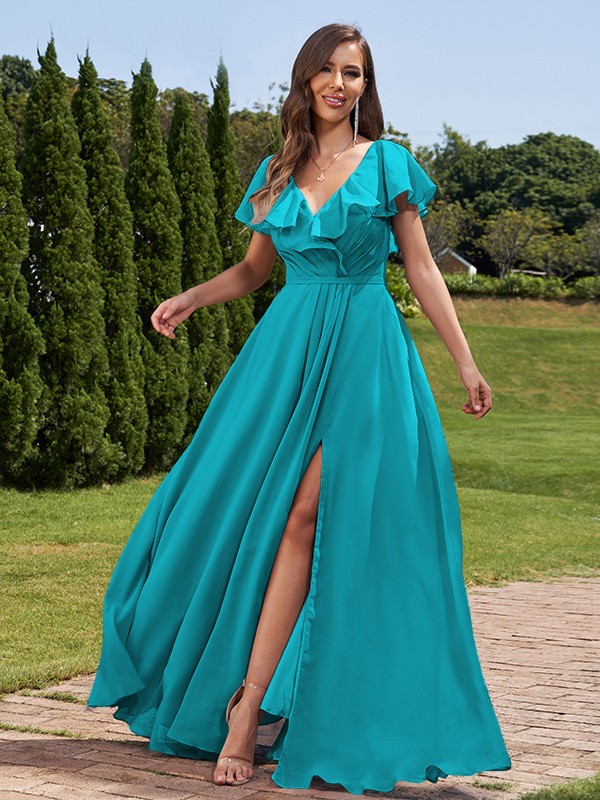 A-Line/Princess Chiffon Ruched V-Neck Short Sleeves Floor-Length Bridesmaid Dresses 2172