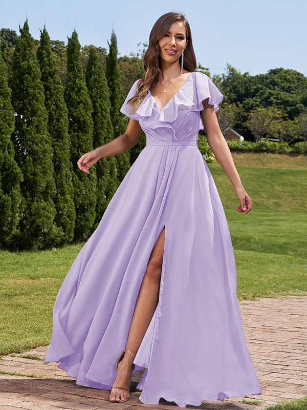 A-Line/Princess Chiffon Ruched V-Neck Short Sleeves Floor-Length Bridesmaid Dresses 2172