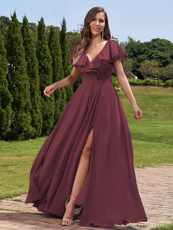 A-Line/Princess Chiffon Ruched V-Neck Short Sleeves Floor-Length Bridesmaid Dresses 2172