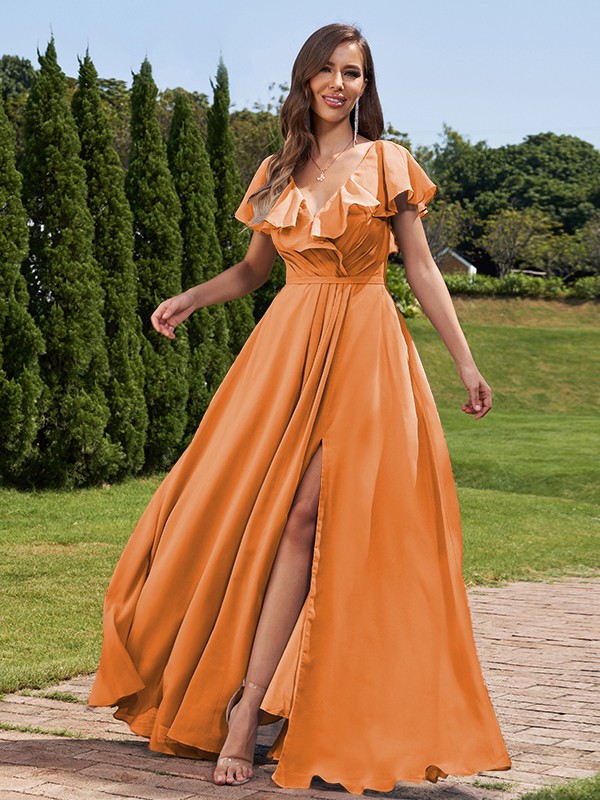 A-Line/Princess Chiffon Ruched V-Neck Short Sleeves Floor-Length Bridesmaid Dresses 2172