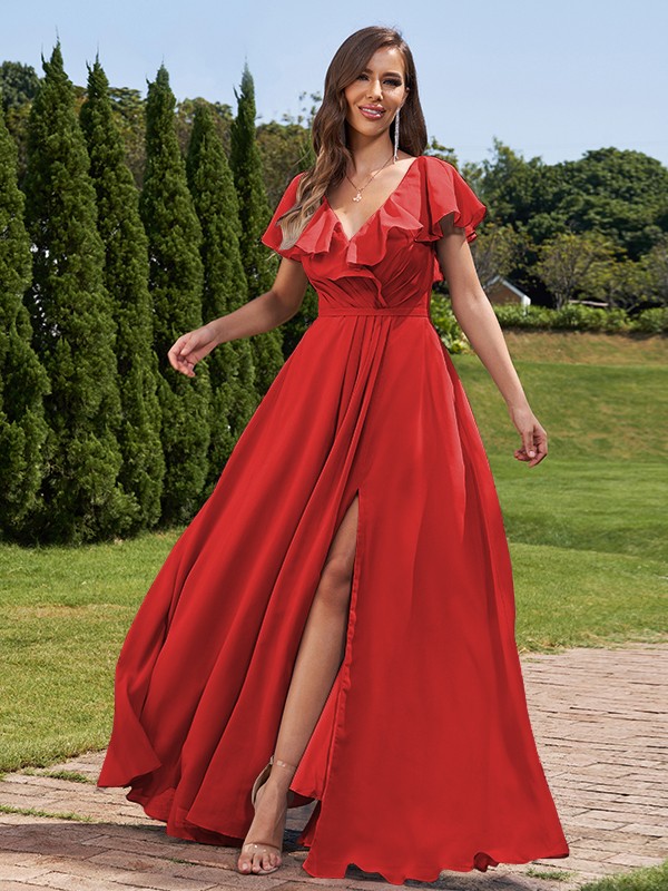 A-Line/Princess Chiffon Ruched V-Neck Short Sleeves Floor-Length Bridesmaid Dresses 2172