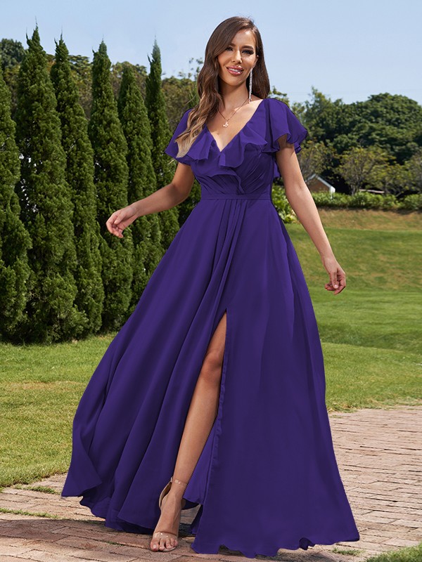 A-Line/Princess Chiffon Ruched V-Neck Short Sleeves Floor-Length Bridesmaid Dresses 2172