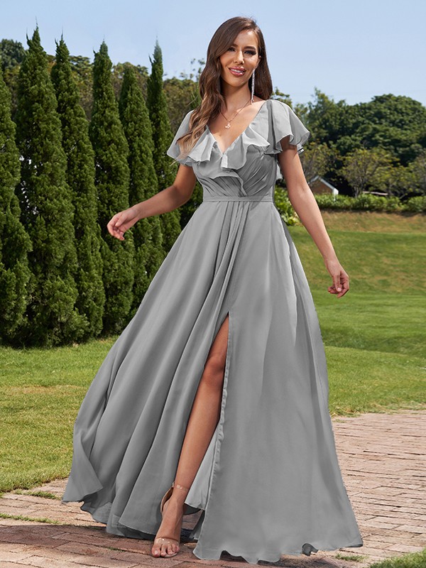 A-Line/Princess Chiffon Ruched V-Neck Short Sleeves Floor-Length Bridesmaid Dresses 2172