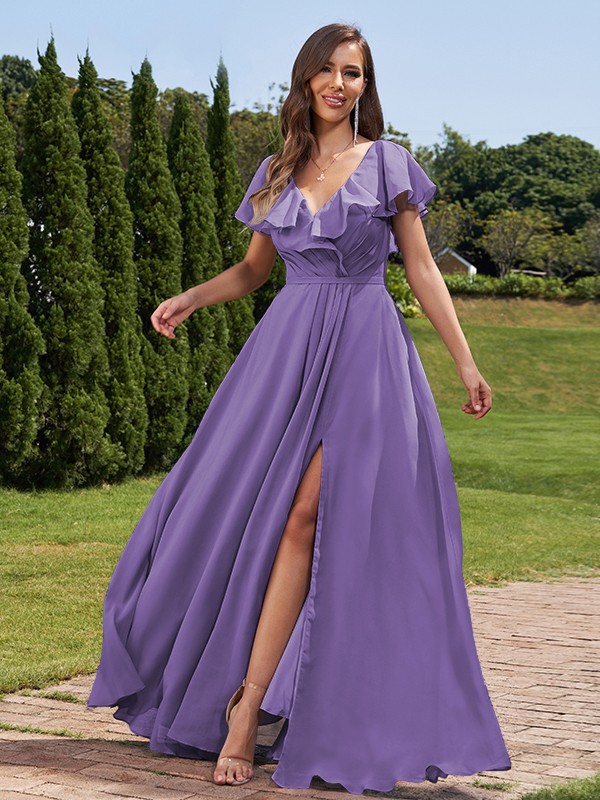 A-Line/Princess Chiffon Ruched V-Neck Short Sleeves Floor-Length Bridesmaid Dresses 2172