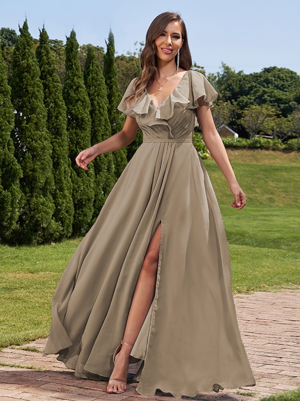 A-Line/Princess Chiffon Ruched V-Neck Short Sleeves Floor-Length Bridesmaid Dresses 2172