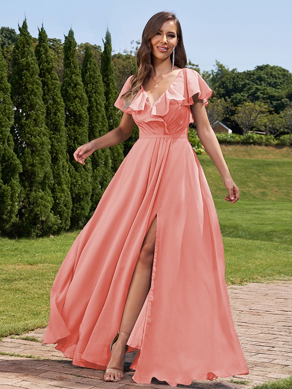 A-Line/Princess Chiffon Ruched V-Neck Short Sleeves Floor-Length Bridesmaid Dresses 2172