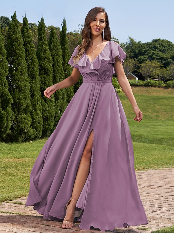 A-Line/Princess Chiffon Ruched V-Neck Short Sleeves Floor-Length Bridesmaid Dresses 2172