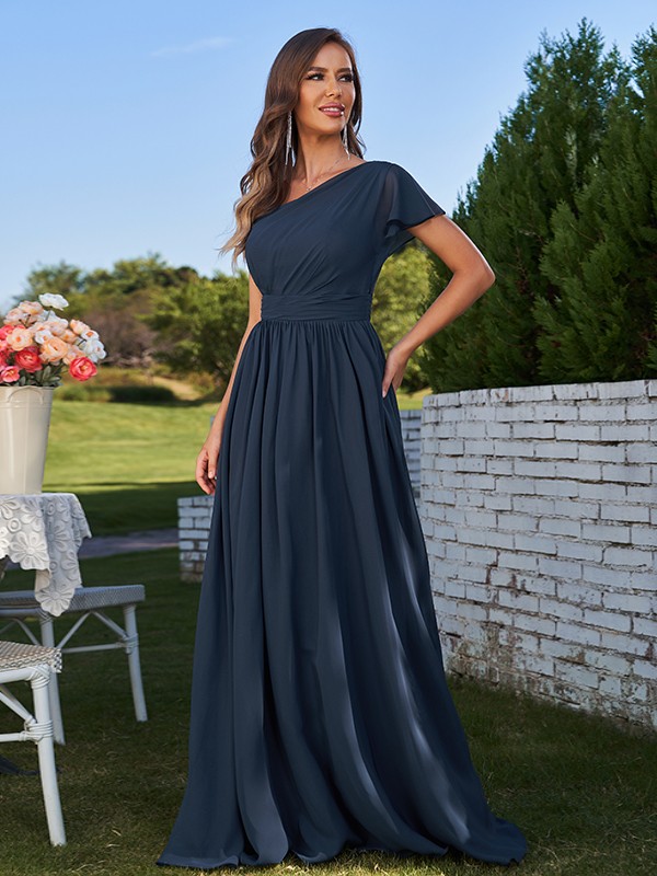 A-Line/Princess Chiffon Ruched One-Shoulder Short Sleeves Floor-Length Bridesmaid Dresses 2159