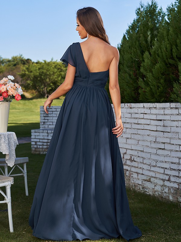 A-Line/Princess Chiffon Ruched One-Shoulder Short Sleeves Floor-Length Bridesmaid Dresses 2159