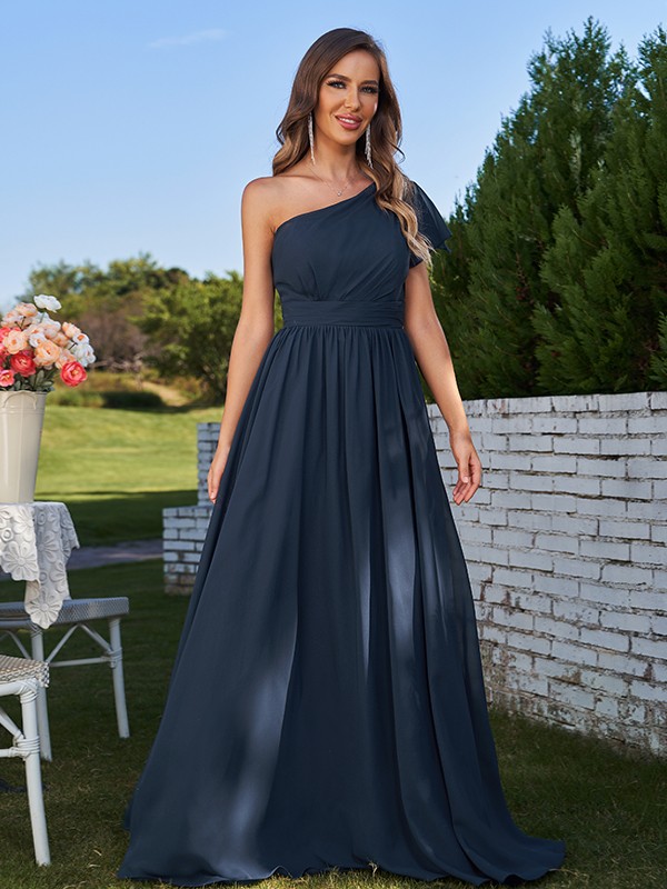 A-Line/Princess Chiffon Ruched One-Shoulder Short Sleeves Floor-Length Bridesmaid Dresses 2159