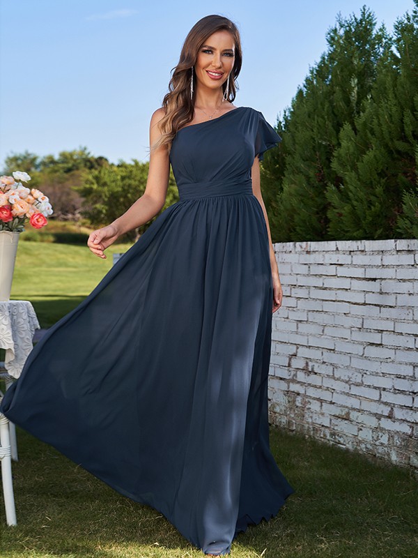 A-Line/Princess Chiffon Ruched One-Shoulder Short Sleeves Floor-Length Bridesmaid Dresses 2159