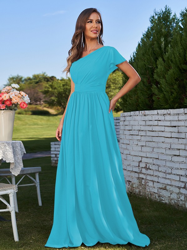 A-Line/Princess Chiffon Ruched One-Shoulder Short Sleeves Floor-Length Bridesmaid Dresses 2159