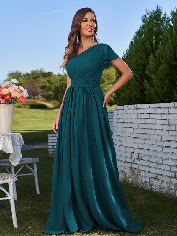 A-Line/Princess Chiffon Ruched One-Shoulder Short Sleeves Floor-Length Bridesmaid Dresses 2159