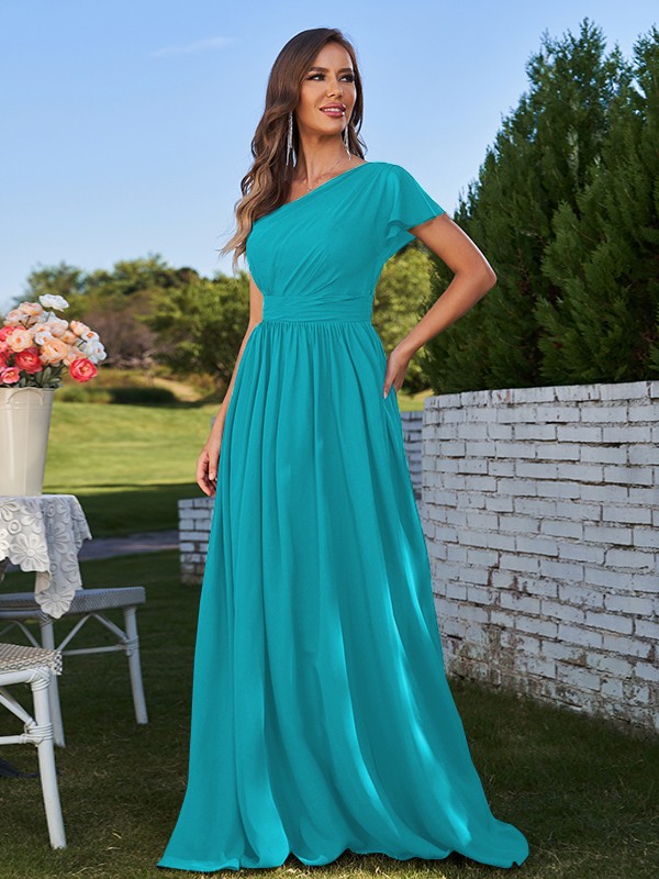 A-Line/Princess Chiffon Ruched One-Shoulder Short Sleeves Floor-Length Bridesmaid Dresses 2159