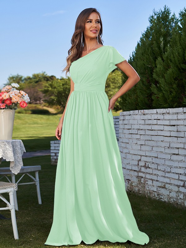 A-Line/Princess Chiffon Ruched One-Shoulder Short Sleeves Floor-Length Bridesmaid Dresses 2159