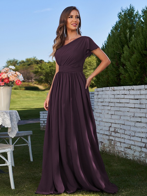 A-Line/Princess Chiffon Ruched One-Shoulder Short Sleeves Floor-Length Bridesmaid Dresses 2159